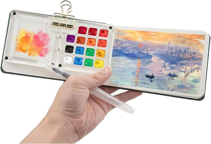 F'DIARY Mini Travel Watercolor Set Pocket Artist Watercolor Travel Set Grid Palette Box Sketch Book With Binder Clips Art Painting Kits For Painters Artists Students - Image 5